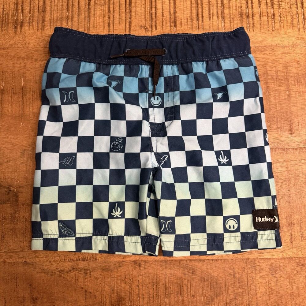 Hurley Boys Checkered Shorts Swimwear Trucks Blue Shorts Smiley Face Size 3T